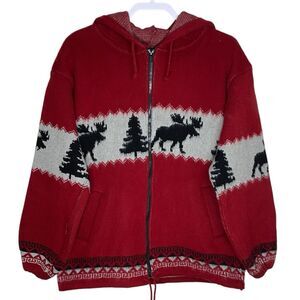 Vtg Earth Ragz Sweater Jacket M Red Wool Blend Hooded Moose Geometric Tree Zip